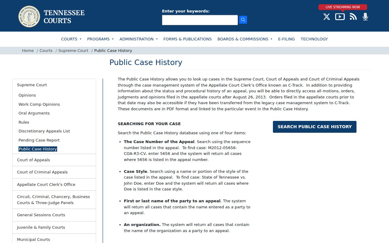 Lebanon residents directory screenshot of Tennessee AOC appellate case history search