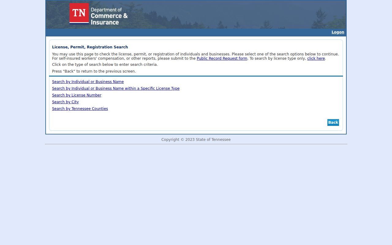 Lebanon residents directory screenshot of Tennessee Commerce license search modes