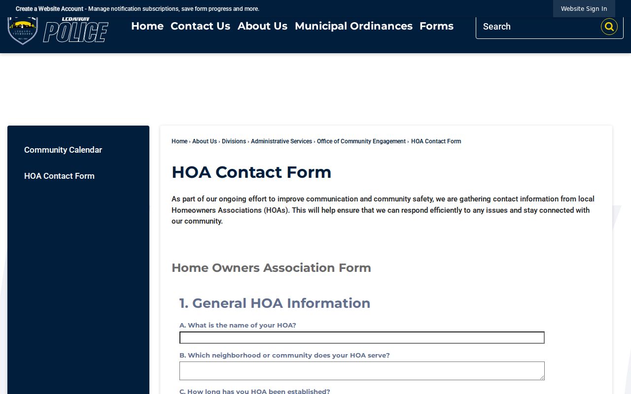 Lebanon neighbors official HOA contact update form