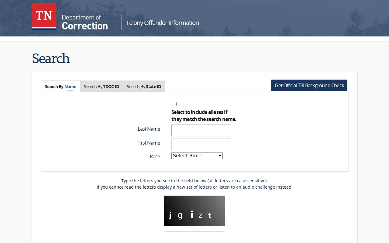 Lebanon residents directory screenshot of Tennessee Department of Correction FOIL search form